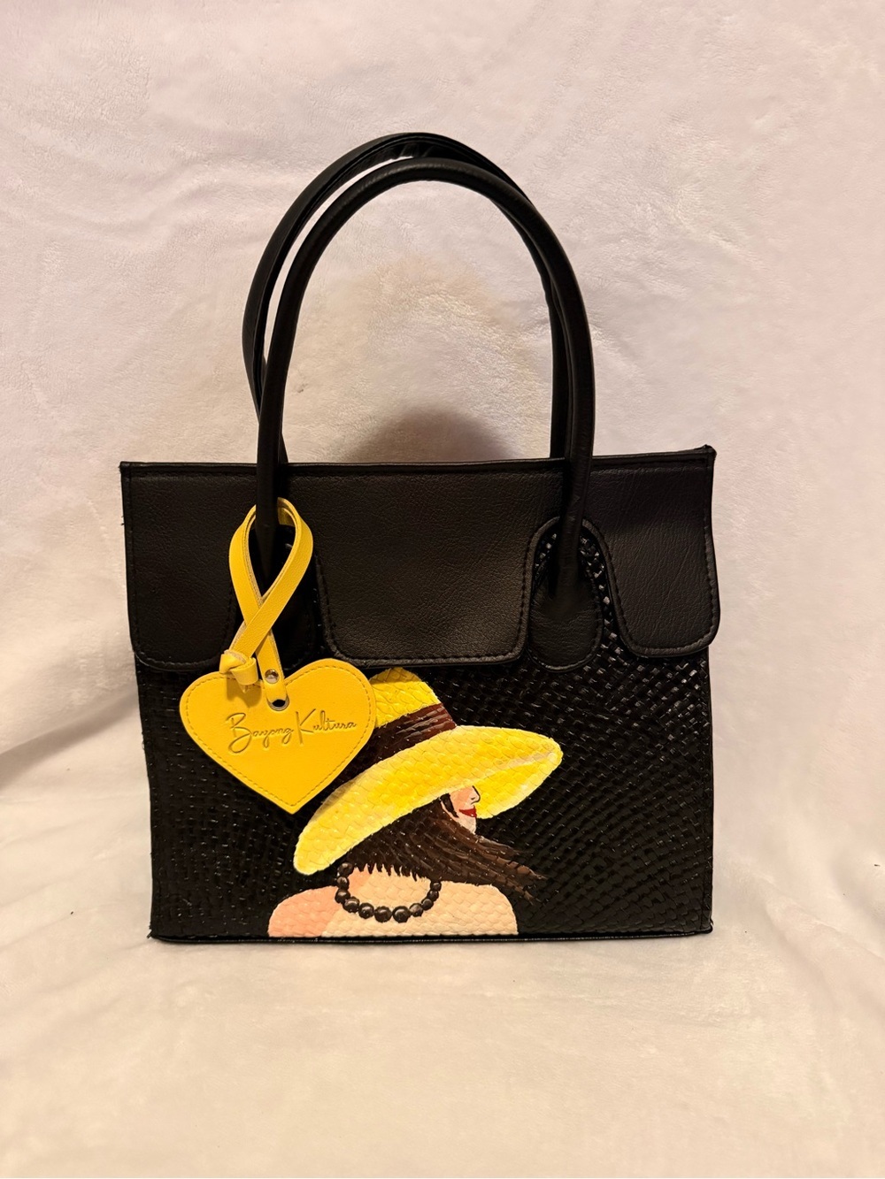 Bayong Kultura Lady in Yellow Hat Tote | Handpainted Artisan Bag